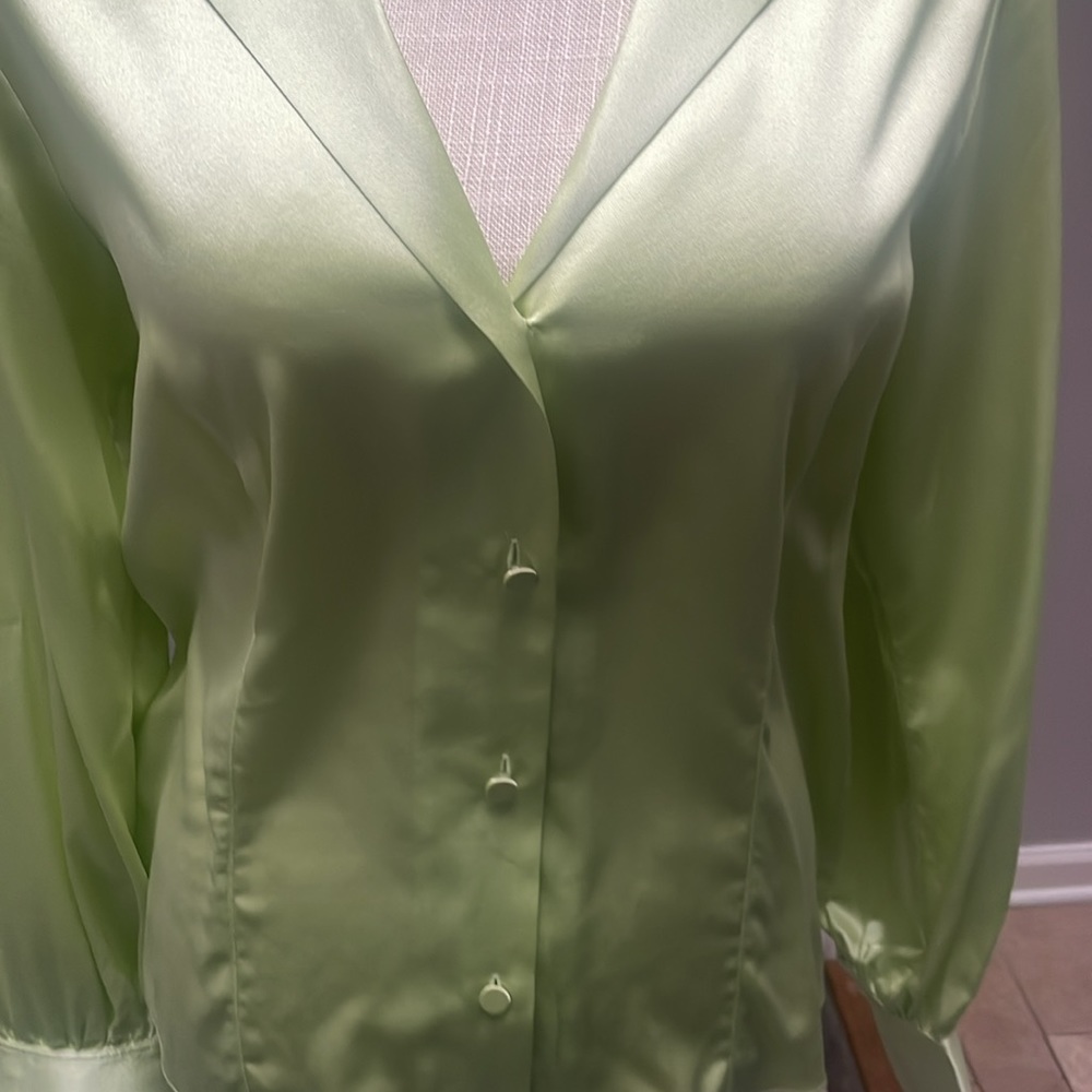Satin Button-Front Blouse - Light Green - Picture 2 of 7